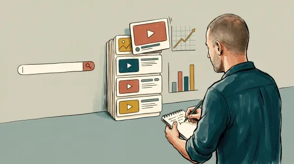 Illustration of a creator reviewing ranked video search result cards, with one card rising to the top beside an upward-trending chart