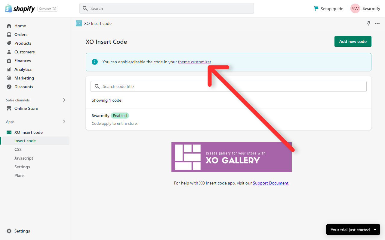 The theme customizer link in the Insert Code app