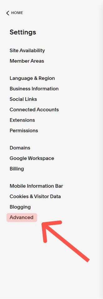 The Advanced item in the Squarespace Settings menu