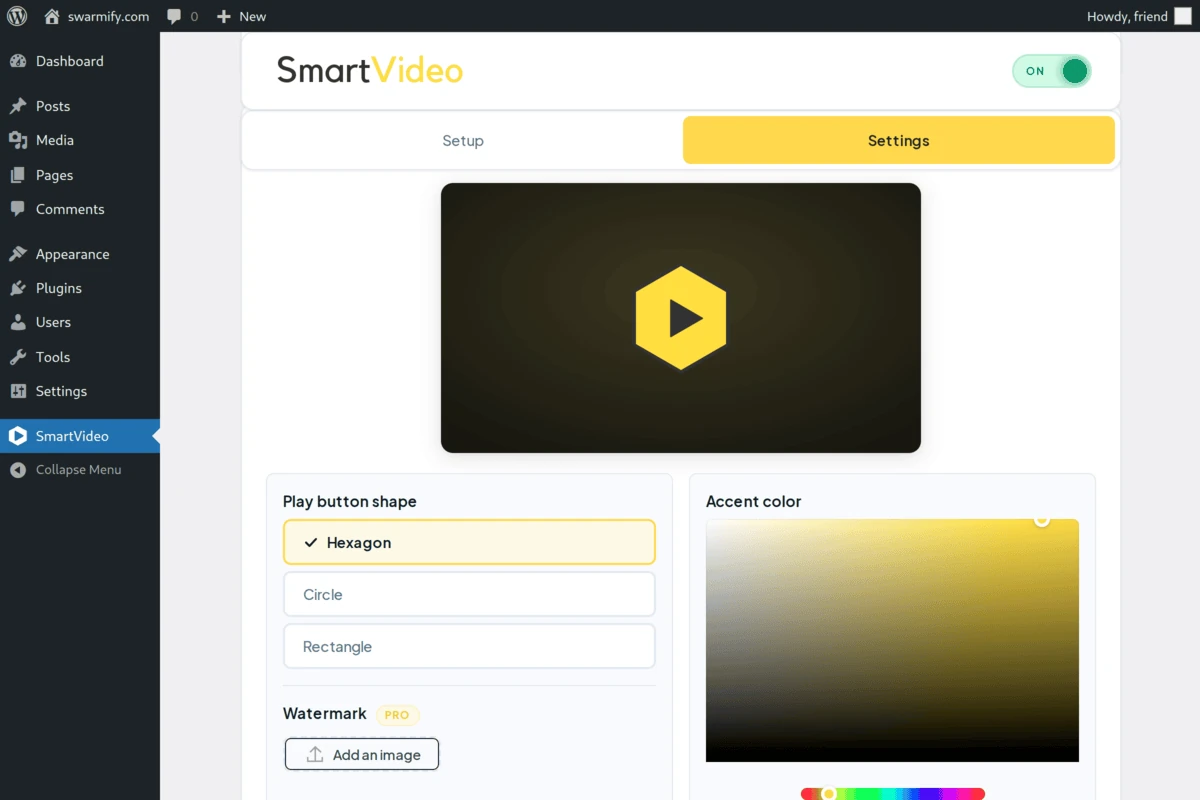 The SmartVideo plugin Settings tab with the Play button shape selector and Accent color picker
