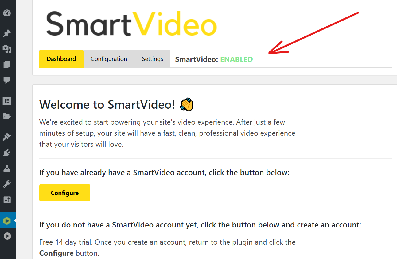 The SmartVideo plugin showing SmartVideo enabled in the WordPress dashboard