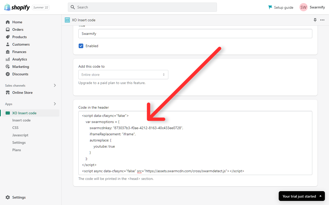 The Swarmify snippet pasted into the Code in the header text box
