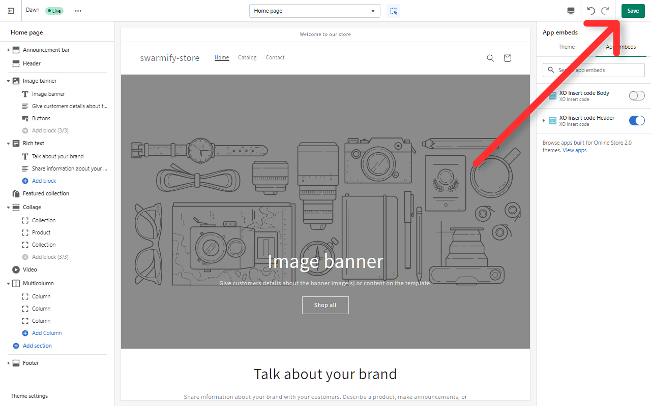 The Save button in the Shopify theme customizer