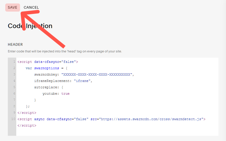 The Save button on the Squarespace Code Injection page