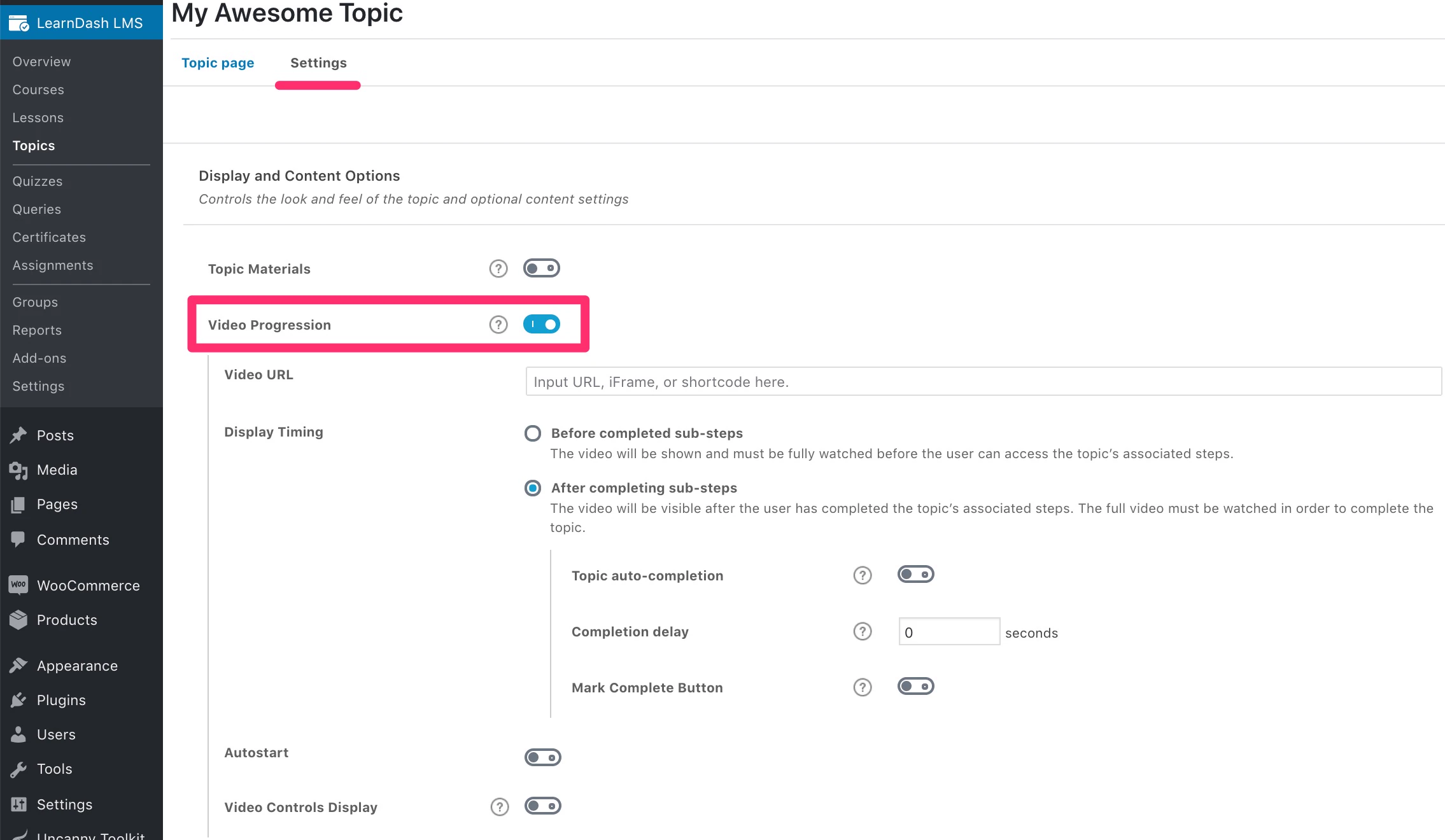 LearnDash video progression admin settings