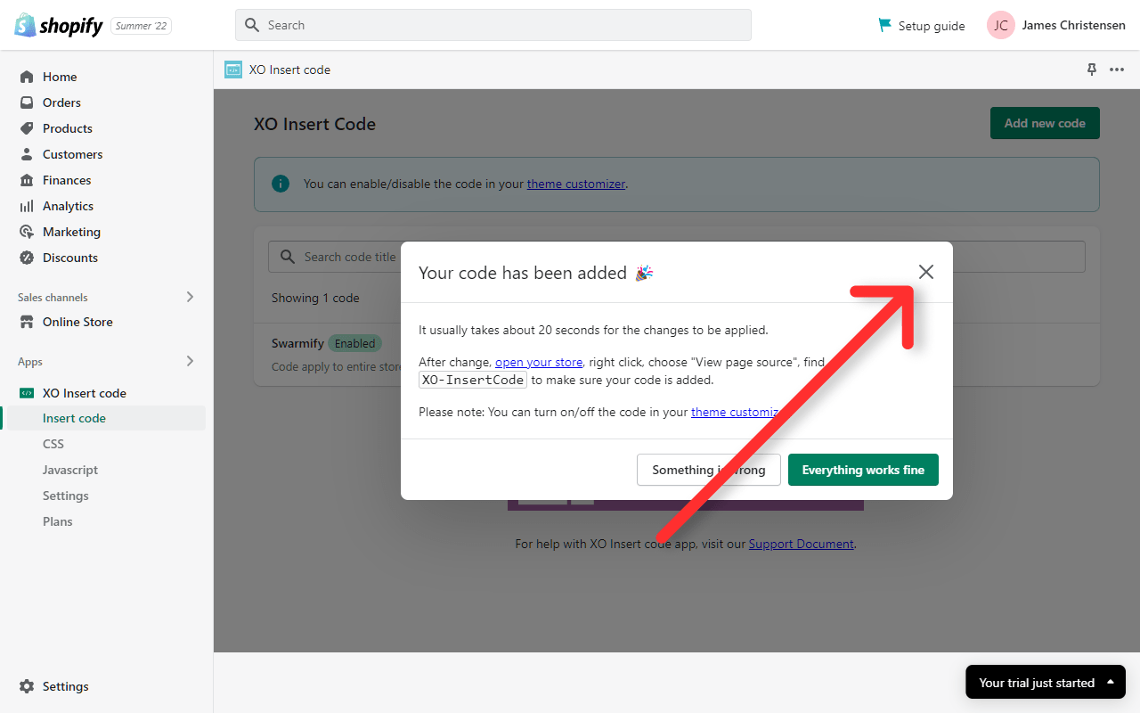 The X icon that dismisses the verification prompt
