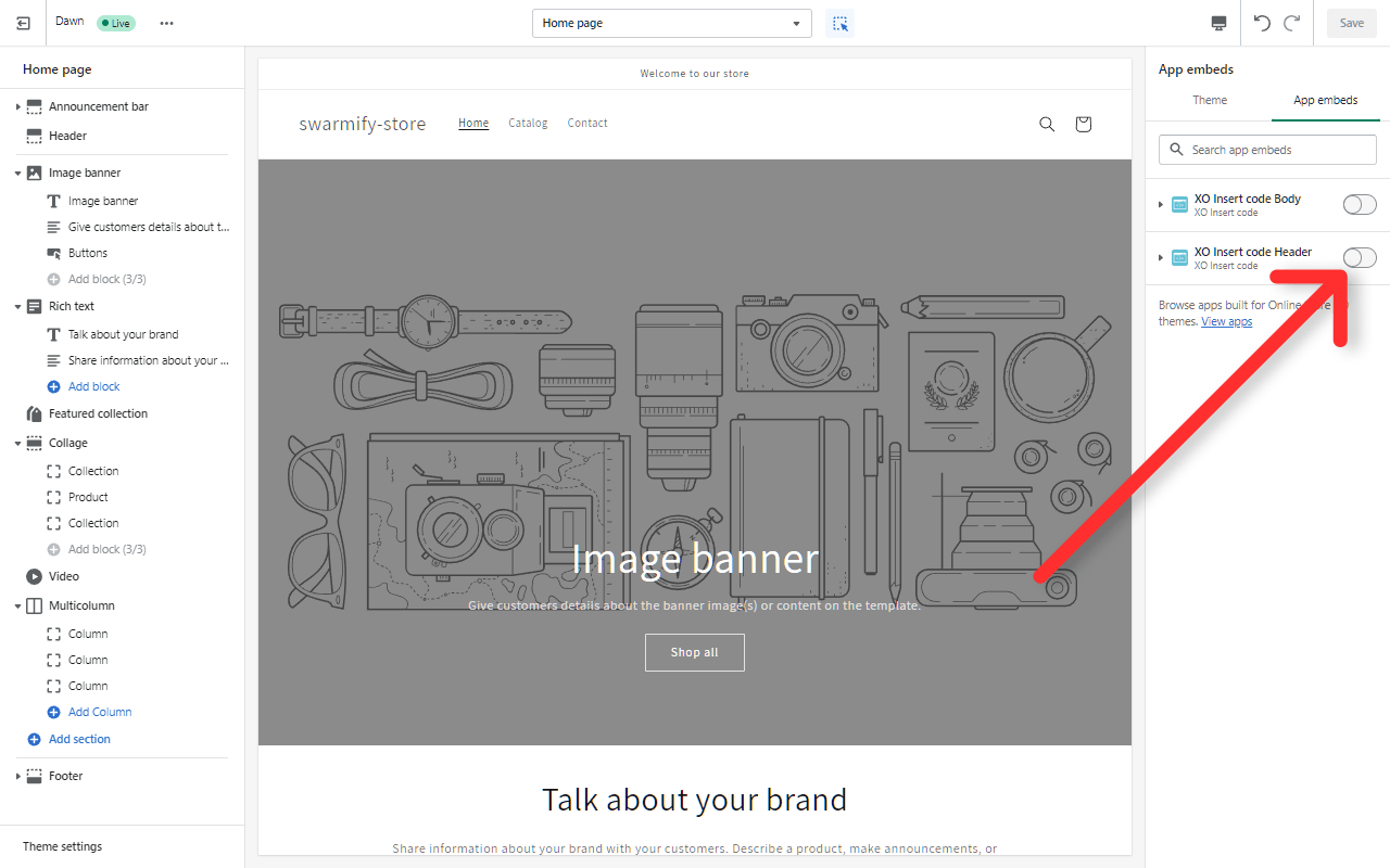 The XO Insert code Header toggle switched on in the Shopify theme customizer