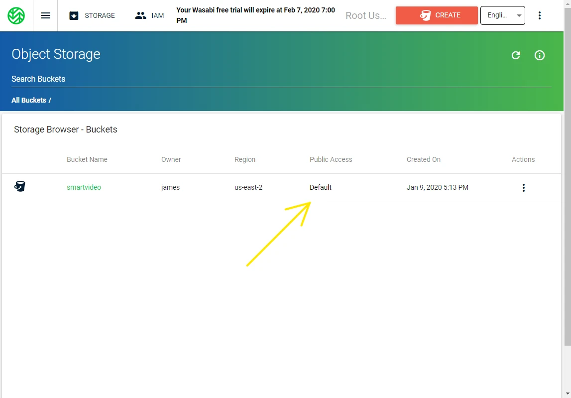 The Wasabi bucket list showing the smartvideo bucket's Public Access set to Default
