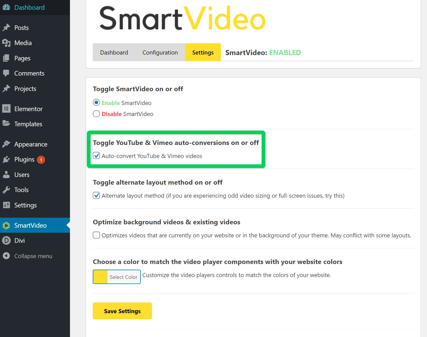 The Auto-convert YouTube & Vimeo videos checkbox on the plugin's Settings tab