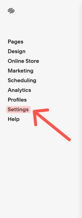 The Settings item in the Squarespace dashboard menu