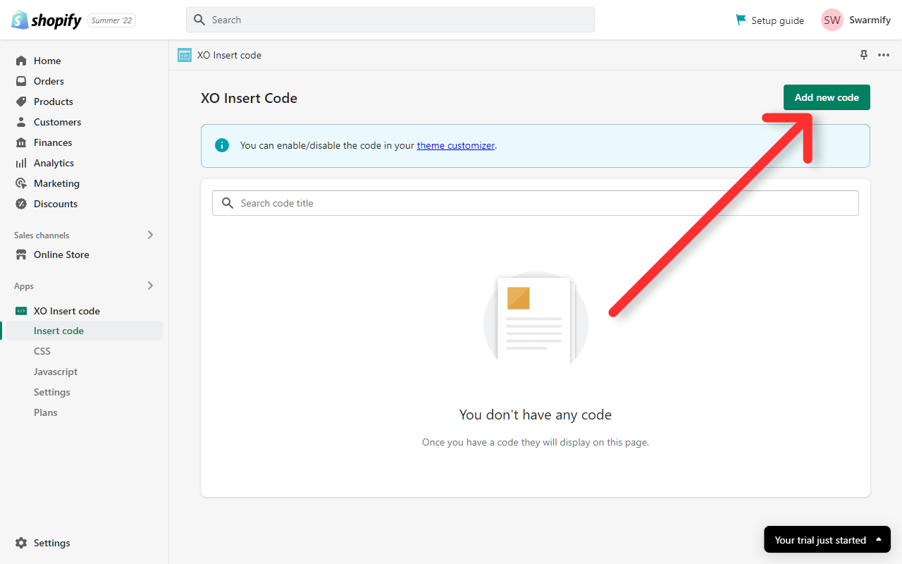 The Add new code button in the Insert Code app