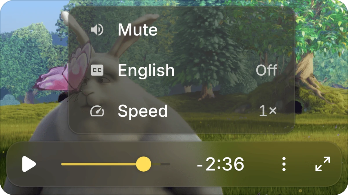The overflow menu on a narrow SmartVideo player showing Mute, captions, and Speed controls