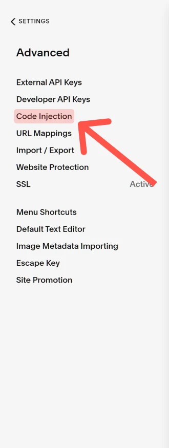 The Code Injection item under Squarespace Advanced settings