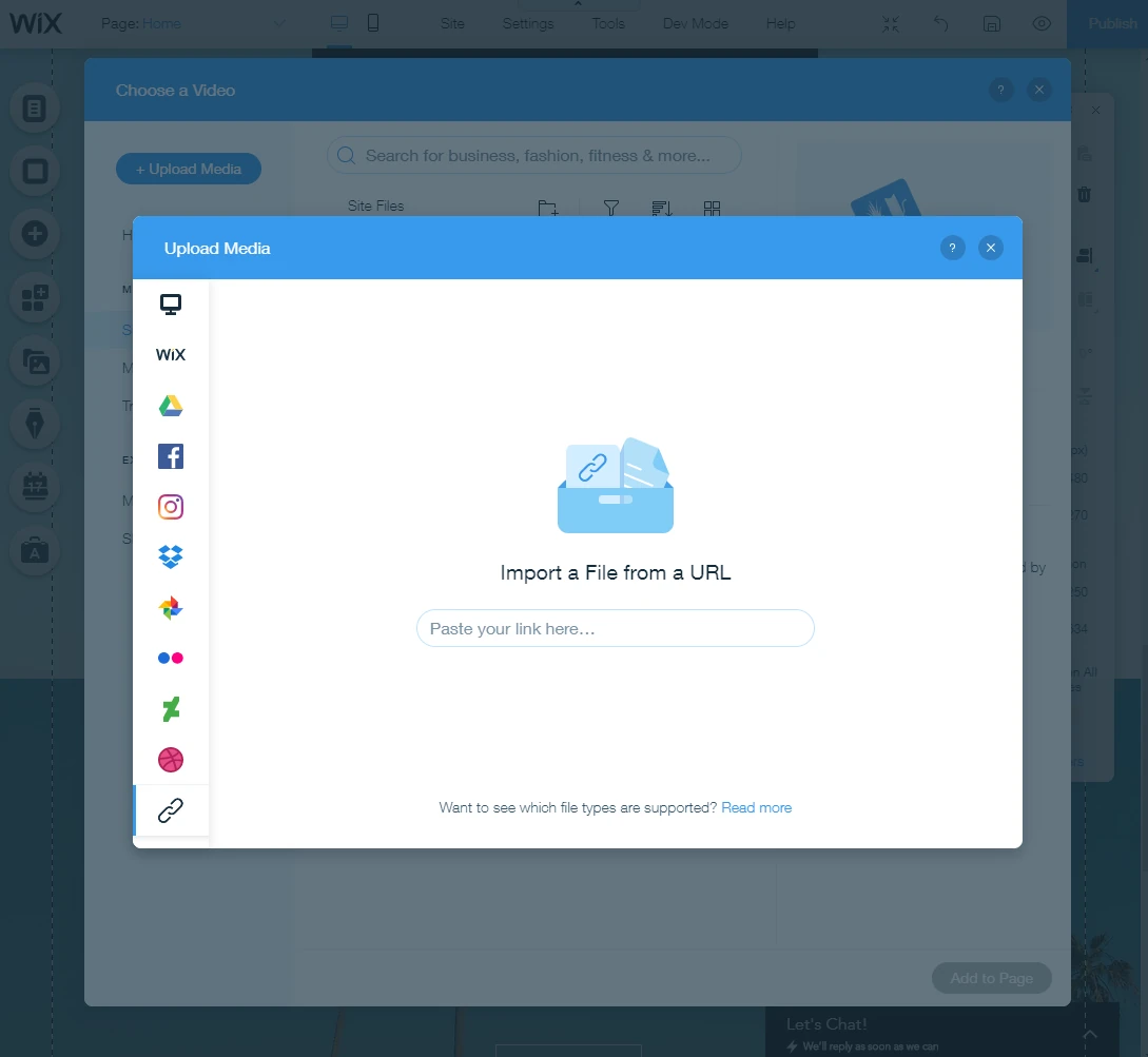 The Wix Upload Media dialog importing a file from a URL, with Google Drive, Dropbox and other sources in the sidebar