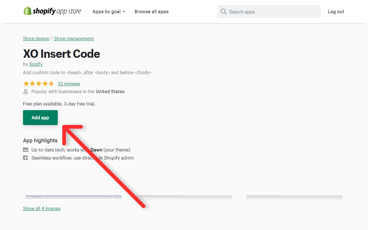 The Add app button on the XO Insert Code listing in the Shopify App Store