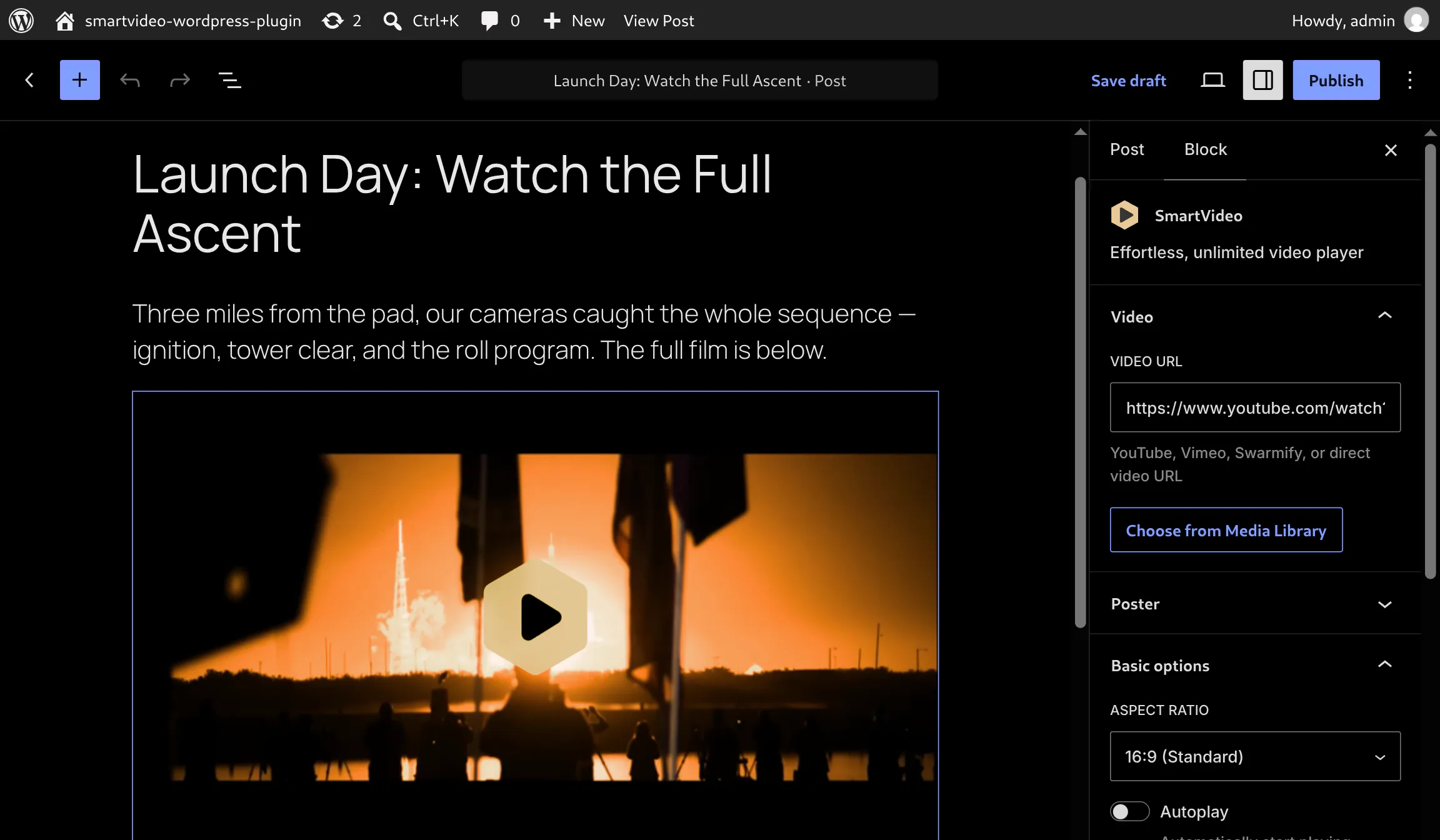 SmartVideo Gutenberg block in the WordPress editor, dark theme