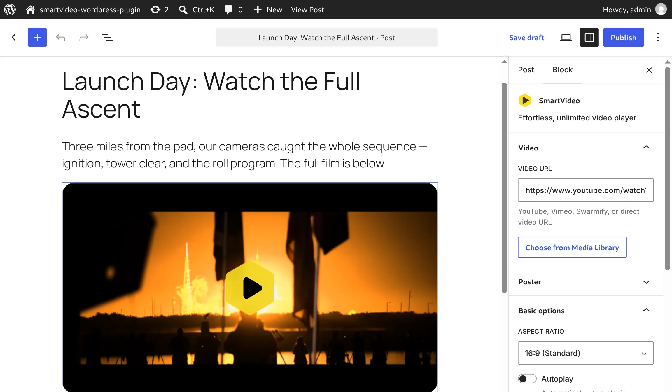 SmartVideo Gutenberg block in the WordPress editor